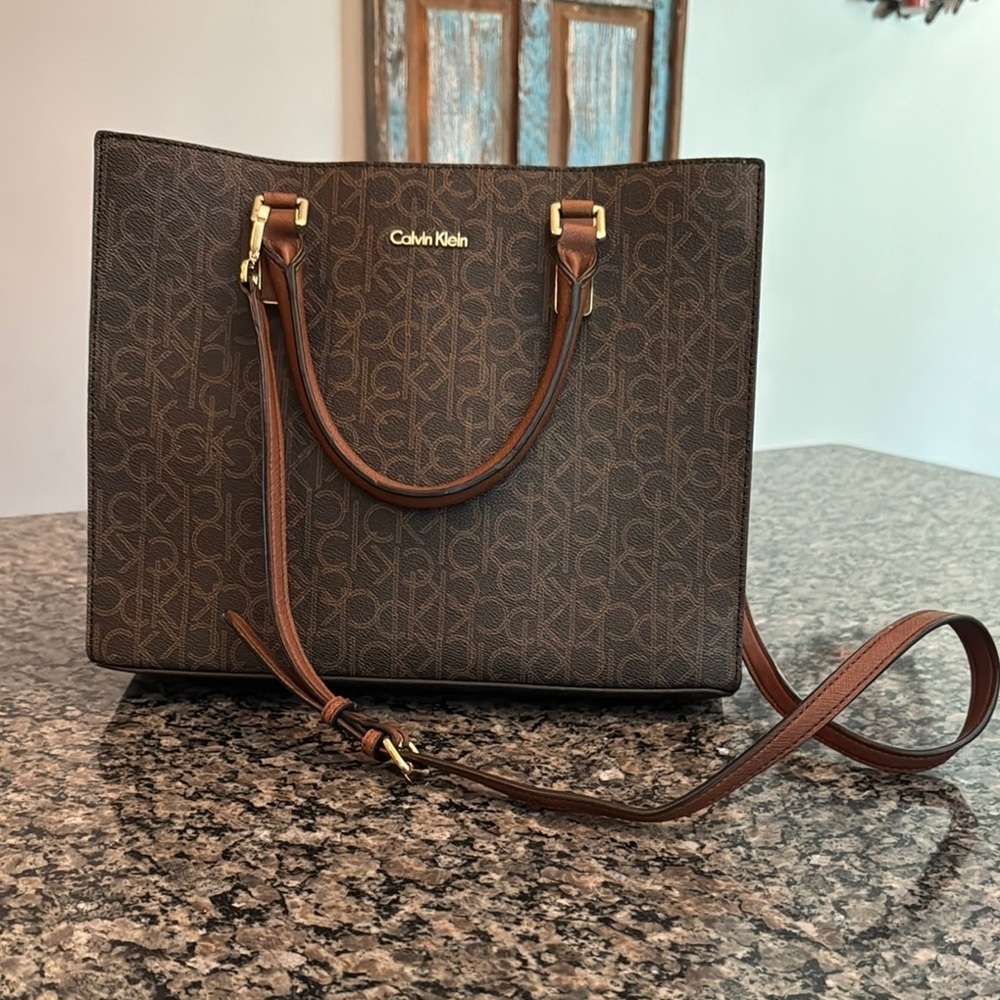 Calvin Klein Brown monogram logo Structured Tote with Gold Accents